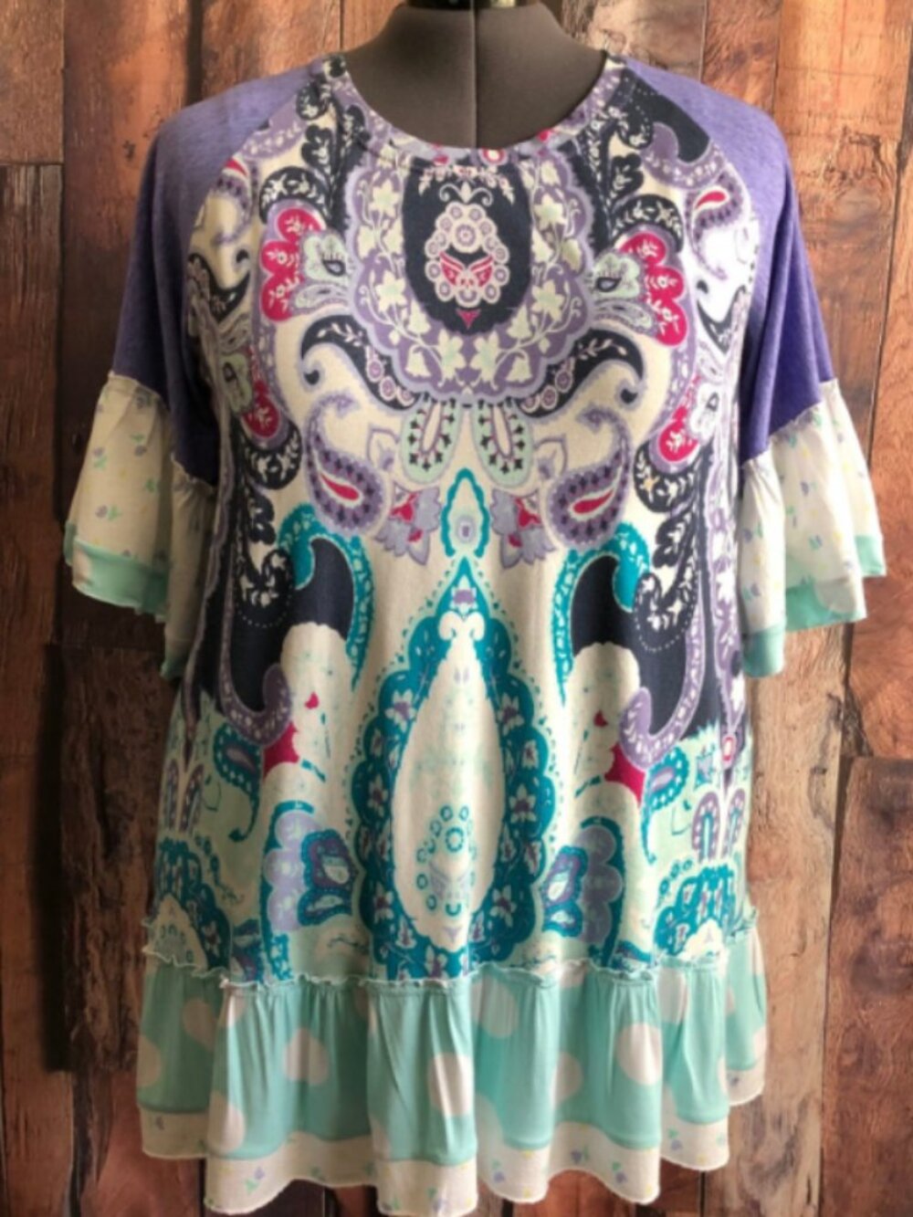Upcycled 3X Knit Tunic Blouse, Handmade Ruffled Hem Paisley Boho Top